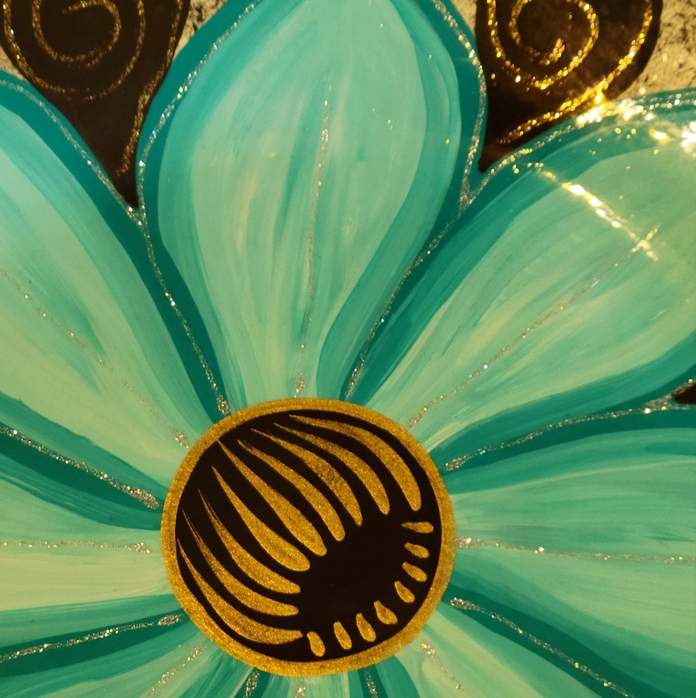 Vtg Glitter Gloss Flower Geometric Pottery Fruits Dish Wall Decor Turquoise - Picture 3 of 5